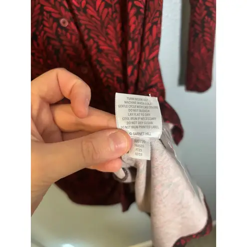 Garnet Hill NWT Red Black Leaf Print Long Sleeve V Neck Button Midi Dress Medium