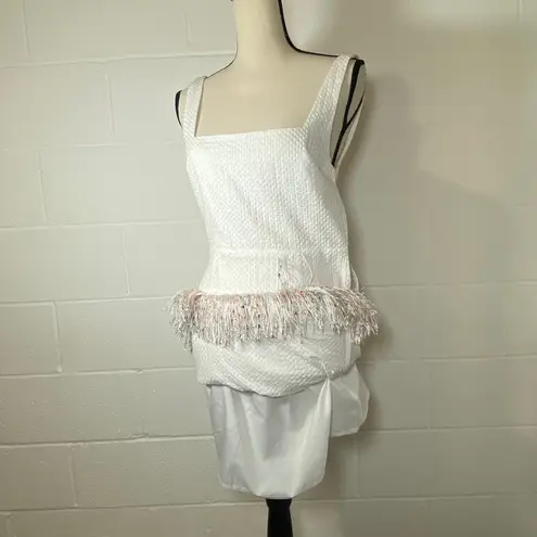 On Twelfth White Sleeveless Patterned Dress with Pastel Rainbow Fringe Hem