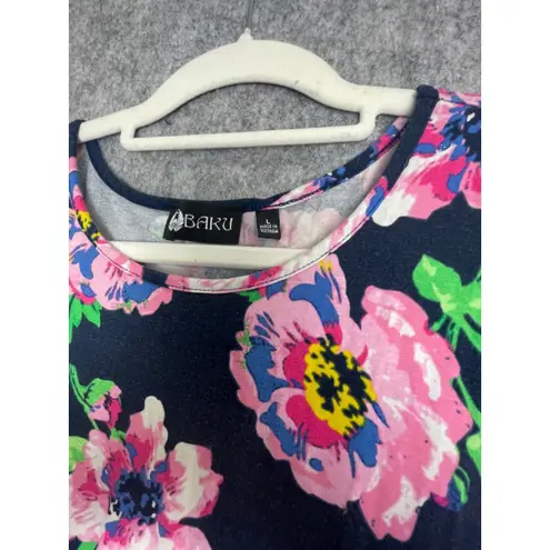 BAKU Floral Print Sleeveless Dress Cinched Side Asymmetrical Hem Casual L Blue Size L