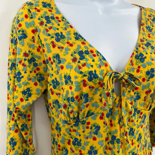 Mamy Blue Rio Y2K Babydoll Floral Dress Sz M Hippie Retro Boho Cottage Midi tie Yellow Size M