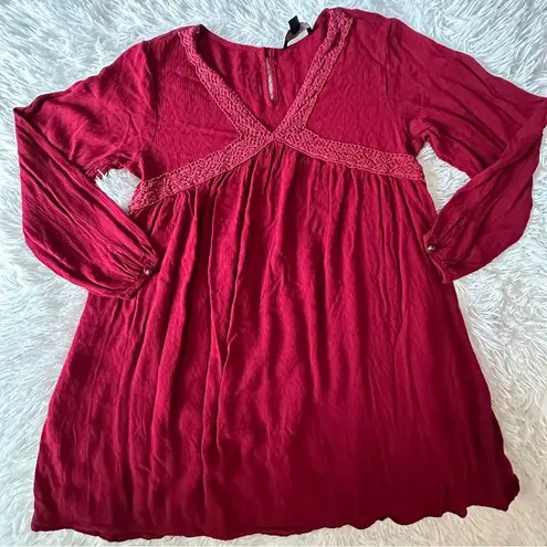 Suzanne Betro Boho Lace Trim Dress Red Textured Long Sleeve Size Large