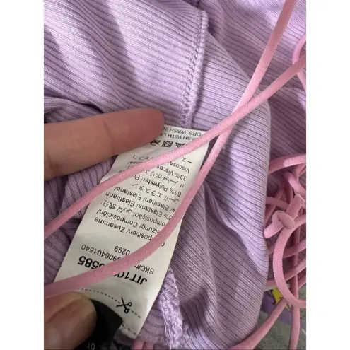 Lavender Ribbed Lace Up Back Bodysuit Size Small Purple Ruched Front One Piece