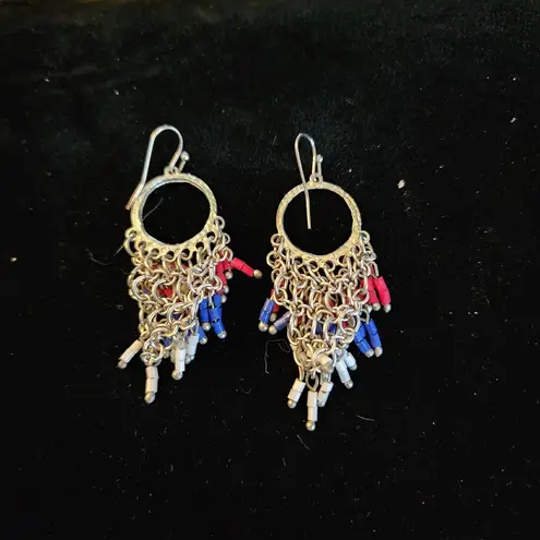 Beaded Dangle Earrings Red White Blue Patriotic Fringe Statement Jewelry