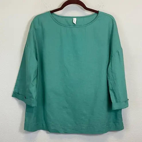 The Cove Grae Lagenlook Relaxed Fit 3/4 Sleeves Linen-Cotton Blend Green Top Size L