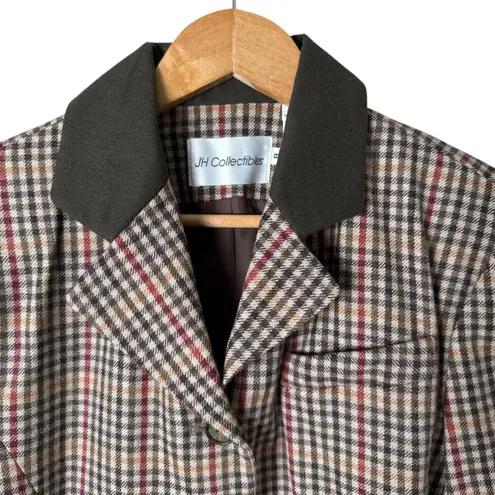 Vintage 100% Wool Tweed Fitted Blazer Jacket in Brown Tan Houndstooth Plaid, 8