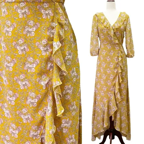 JessaKae Floral Cascading Ruffled Faux Wrap Midi Dress Mustard Blush Size Small Yellow