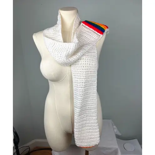 Handmade Knit White Rainbow Whimsical Scarf & Hand Mitts Smaller Adult/Teen