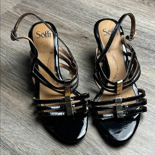 Sofft Black Strappy Leather Wedge Sandals Size 10 Medium