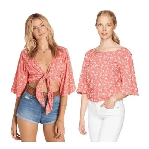 Billabong T6  Get It Twisted Floral Kimono Sleeve Tie Front Crop Top NWT