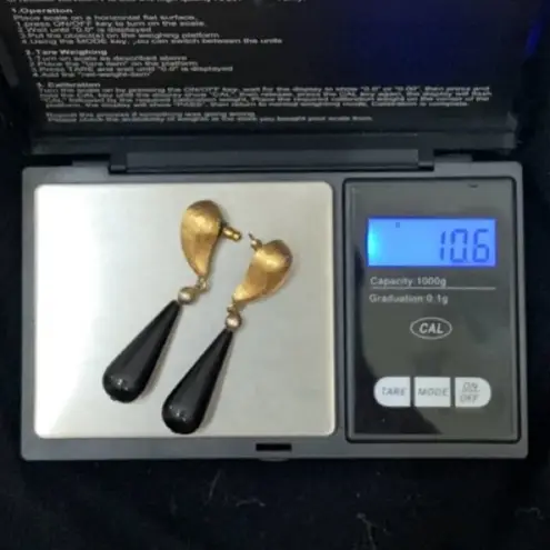 Givenchy Vintage Signed Brushed Gold-tone Black Teardrop Dangle Earrings 10.6g