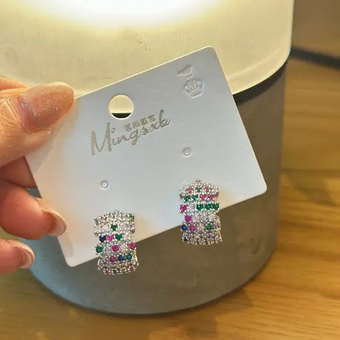 NWT multicolored CZ Pave style earrings, Crystals Nickel free,Titanium post Silver