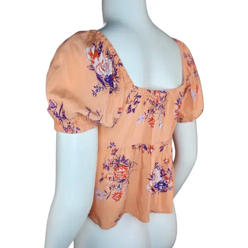 Abound NWOT  Womens XS Coral Floral Print V-Neck Puff Sleeve Peplum Blouse