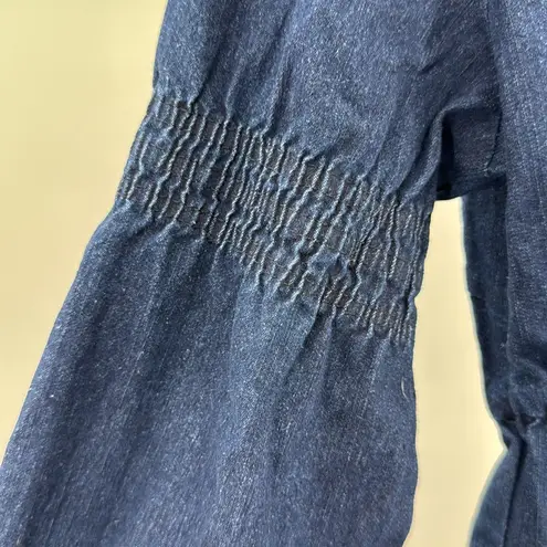 Reborn Denim Blue mini Dress embroidered Floral bell Sleeve tunic raw hem boho L Size L