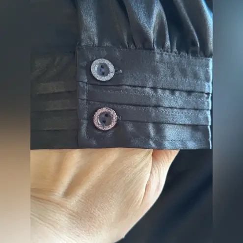 Buttons Color Style Black Satin short Striped Sleeves Metal V Neck Ruffles SZ XL