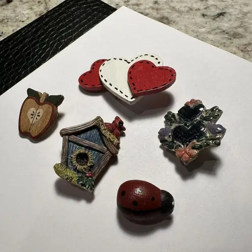 Lot Of 5 Handcrafted Brooch Pins Ladybug, Bird Nest, Apple, Hearts