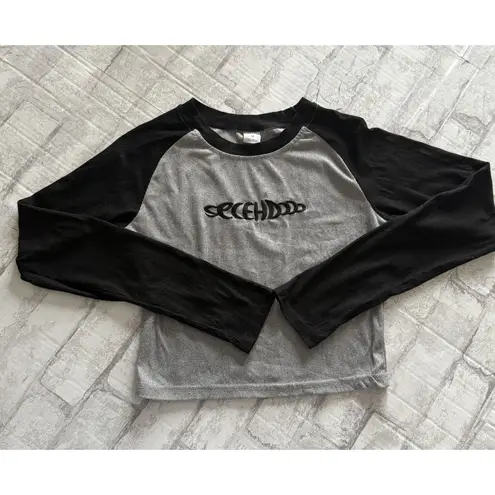 Y2K Style Raglan Long Sleeve Cropped Crew Neck Ribbed Black And Gray Shirt Top M Size M