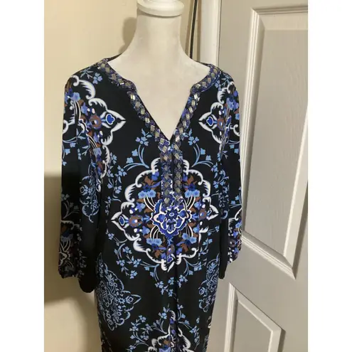 Soft Surroundings Petite Medium Black Blue Floral V Neck Beaded Trim Dress