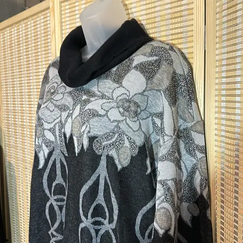 Top Notch 1980s Tunic Length Gray Floral Geometric Print Cowl Neck Sweater 1X Black
