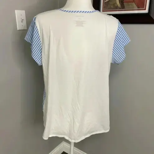 Van Heusen  Womens Vneck Blue White Striped Preppy Beach Resortwear Top Size Larg