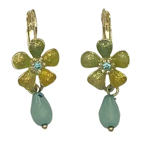 Avon Green Yellow Flower Necklace & Earrings Set Enamel Crystal Bead Vintage