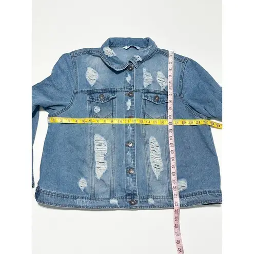 Highway Jeans Women's Distressed Collared Button Down Denim Jacket Blue Size 1X