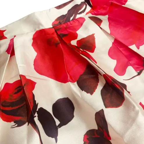 Chicwish | Red Rose Floral Pleated Full Midi Skirt Cream Satin Size M | EUC
