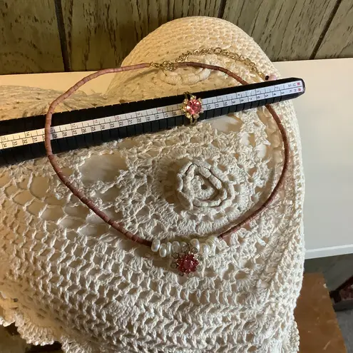 Handmade Pink Sparkle Pendant White Fresh Water Pearl Choker Set / Vintage Ring