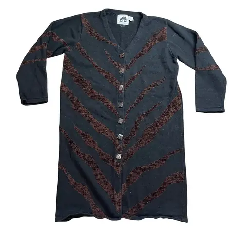 Vintage Storybook Knits Tiger Stripe Cardigan Sweater Women's Large Black FLAW