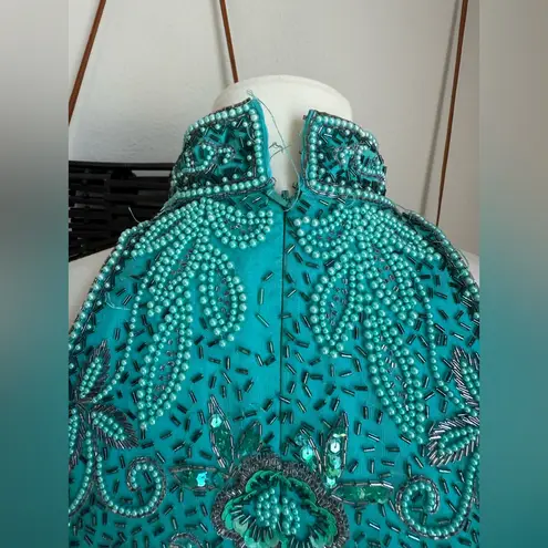 Vintage Alyce Designs Turquoise Beaded Evening Formal Gown, Size 14 Green