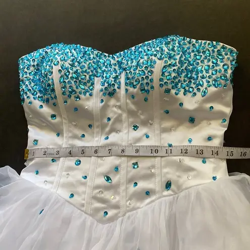 Women’s White Blue Beading Short Cocktail Prom Party Dress Corset Back Size 8 White