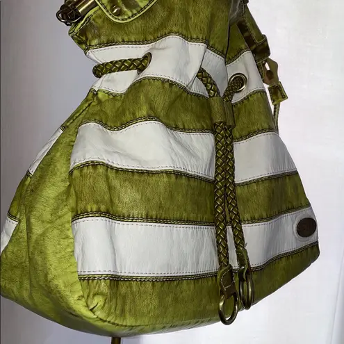 Vintage Y2K D&L Vogue Green Cream Soft Faux Leather Boho Bucket Shoulder Handbag