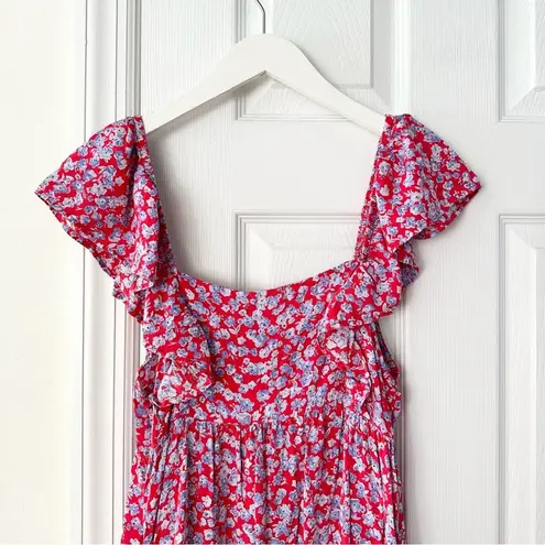 ZARA  Red Blue Floral Ruffle Shoulder Crepe Midi Tunic Prairie Dress Medium