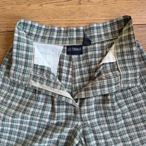 Vintage 90's Liz Thomas Plaid Shorts Pleated Pockets SZ M Green Beige Brown Size M