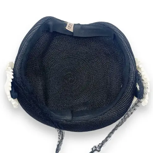 Vintage 50s Tilt Hat Black & Cream Straw Close Style Fascinator Black Mesh Veil