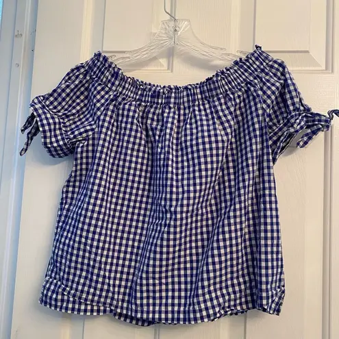 J.Crew  blue gingham plaid off the shoulder blouse sz 4