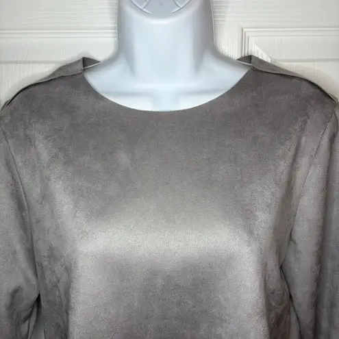 Catherine Malandrino Soft Faux Suede Leather Faux Fur Cuff Long Sleeve Top Grey