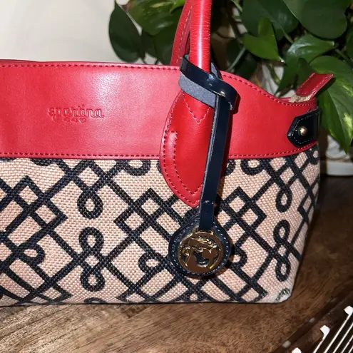 Spartina 449 Linen & Leather Handbag, Geometric Print East West Black Red & Tan