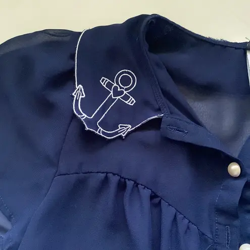 Hell Bunny ‘Ahoy’ sailor anchor collar sheer pearl button blouse, size XS