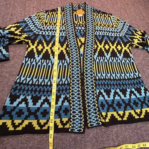 Ruby Rd Cardigan Womens Large Black Yellow Green Aztec Pattern USA Sweater VTG Blue
