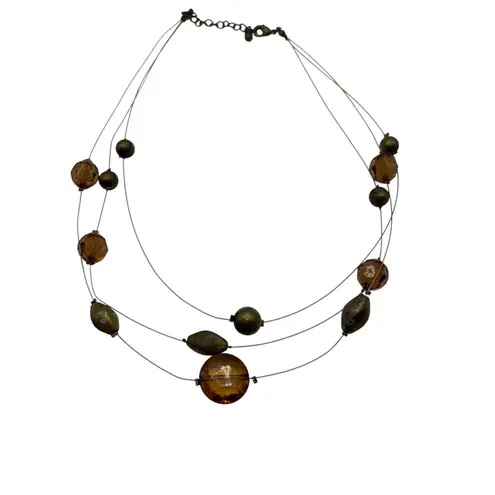 Amber Brown Beaded Necklace Gold Tone Wire‎ Statement Costume Jewelry Women Y2K