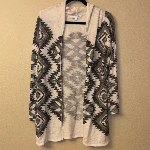 Moa Moa MEDIUM Geometric Open Front Hooded Cardigan Sweater Cream Black Gray