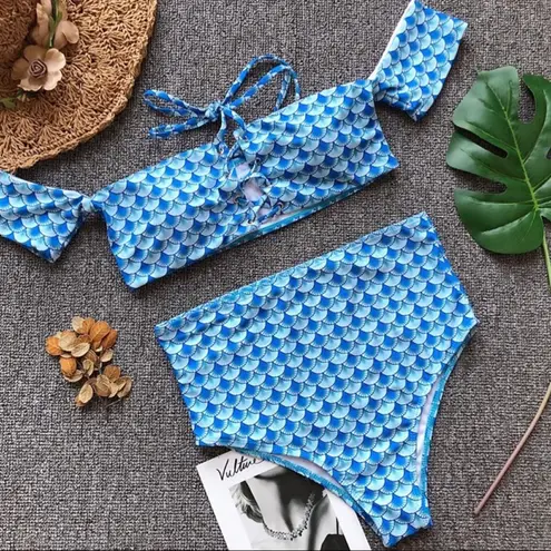 mermaid off shoulder high waist swimsuits Blue Size L