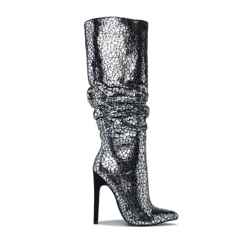 Shoedazzle  Beckey Slouchy Stiletto Boot Faux Leather Silver Foil Size 5.5 New