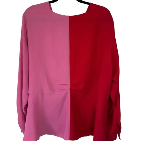 Eloquii Red and Pink Color Block Long Sleeve Blouse Size 24 Holiday Party Plus