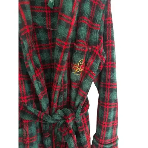 Ralph Lauren Lauren  Womens Small Fleece Bath Robe Green Plaid Belt Logo Holiday