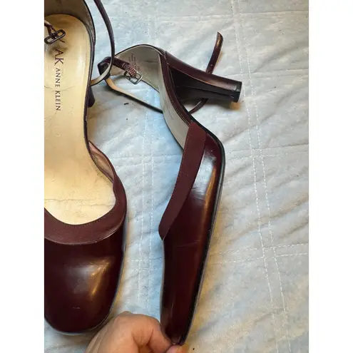 AK Anne Klein Burgundy Leather Ankle Strap Heel Pumps Shoes Women's Size 9M Red
