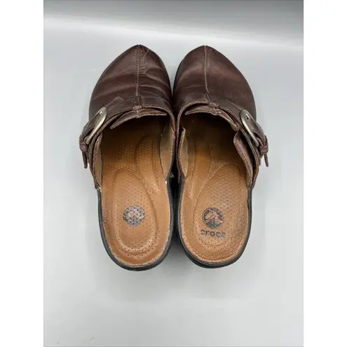Crocs  Brown Leather Mules Slip On Buckle‎ Women’s 8 Comfort Shoes