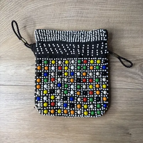 Black Beaded Drawstring Bag Pouch Clutch Multicolored Geometric Retro Y2K Vibe