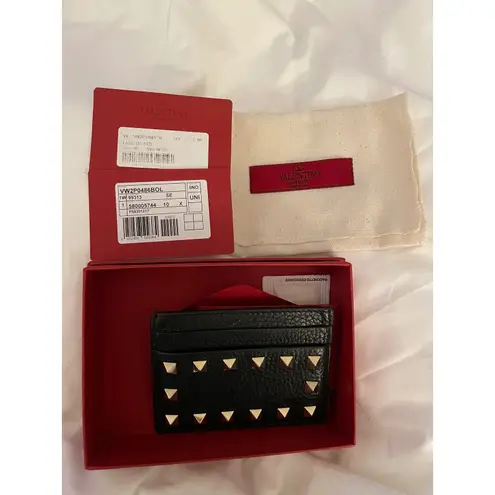 Valentino Garavani Rockstud Leather Card Holder Black Gold Studded