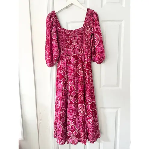 Olivia James The Label Pink Bridget Midi Smocked Puff Sleeve Dress Tile Boho XS